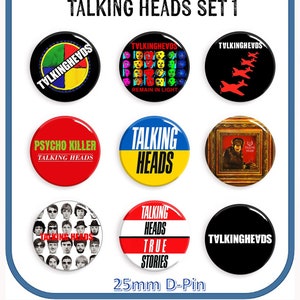 May include: Set of nine 25mm Talking Heads pinback buttons. The buttons feature various images and text, including "Psycho Killer", "Talking Heads", "Remain in Light", and "True Stories".