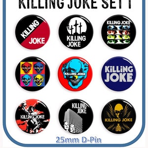 May include: Set of nine 25mm Killing Joke band pinback buttons. The buttons feature various band logos and imagery, including a skull, a building, and a cross. The buttons are black, red, blue, and yellow.