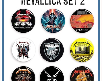 May include: A set of nine round Metallica band badges. Each badge features a different design, including album art and the band's logo. The badges are black, yellow, red, and white. The text "Captain's Badges" and "METALLICA SET 2" are at the top, and the website address is at the bottom.