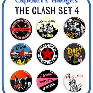 Puede incluir: Nueve botones redondos de la banda The Clash. Los botones presentan varias portadas de álbumes e imágenes de la banda, incluyendo "London Calling", "Clampdown", "The Clash", "Shea Stadium", "I Want Complete Control" y "The Clash".