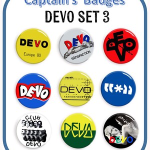 May include: A set of nine round DEVO-themed badges. The badges feature various designs, including the band's logo, album art, and the text "DEVO." Colors include yellow, red, blue, and black. The text "Captain's Badges" and "DEVO SET 3" are at the top.