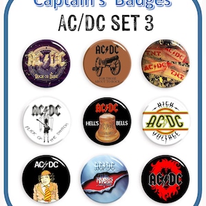 Puede incluir: Un conjunto de nueve insignias redondas con temática de la banda AC/DC. Las insignias presentan varios diseños, incluyendo el logotipo de la banda, arte de álbumes y frases como "Rock or Bust". Fondo blanco con borde azul.