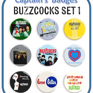 May include: Set of nine 25mm diameter pinback buttons featuring various album covers and song titles from the band Buzzcocks. The buttons are round and have a silver metal backing. The buttons feature a variety of colors and designs, including black, white, red, blue, green, and yellow.