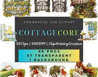 Cottagecore Cottage Girl Life clipart bundle PNG transparent background digital download, rustic seaside romantic cottage shabby chic house