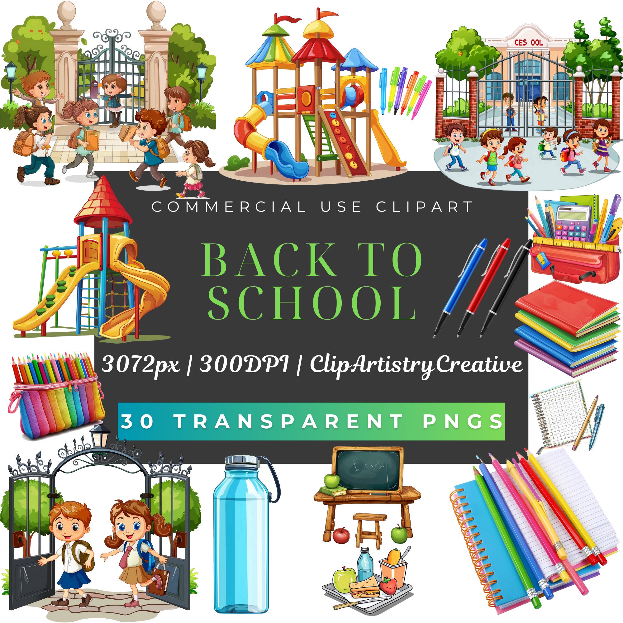 Zurück in der Schule Clipart PNG transparenten Hintergrund sofortiger digitaler Download, Schule Bücher Essen Spielplatz Klassenzimmer einheitliche Clip Art Bilder