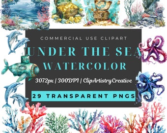 Pod Morzem Akwarela Ocean Animals clipart bundle PNG przezroczyste tło cyfrowe pobieranie, Ocean clipart, clipart morskiego stworzenia png