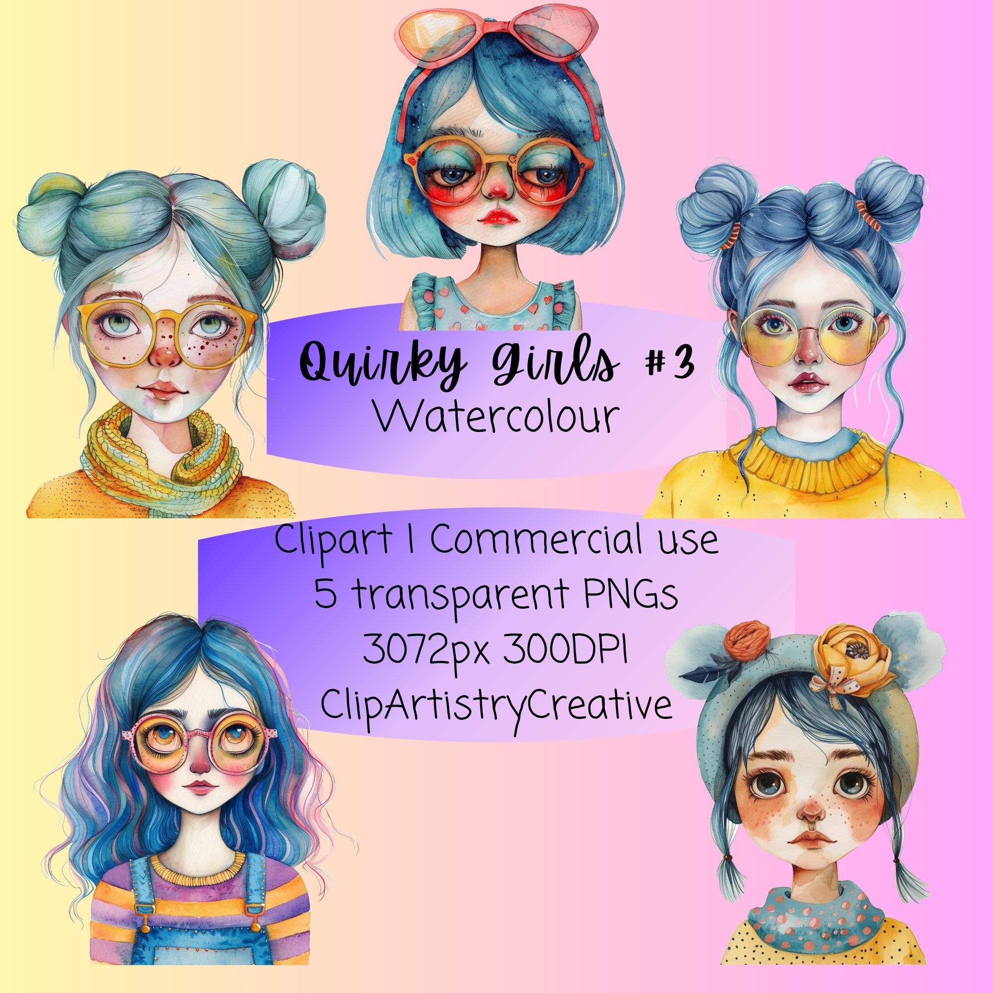 Quirky Girls Watercolor Clipart Bundle PNG Transparent Background, Girl ...