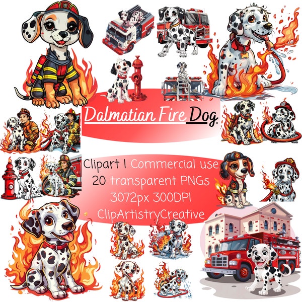 Dalmatian Fire Dog clipart bundle PNG transparent background digital download, fire clip art pack, Dalmatian clip art image pack