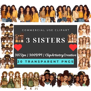 3 soeurs PNG clipart bundle fond transparent téléchargement numérique, soeurs pour toujours clipart, amis pour toujours, 3 trois soeurs brunes clipart