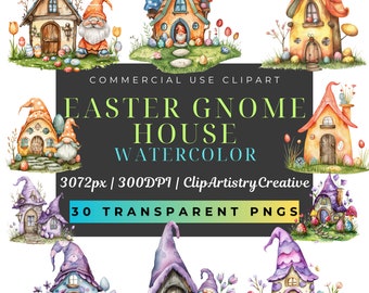 Gnome House Easter Watercolour clipart bundle PNG transparent background digital download, gnome clip art, gnome home images, Easter houses