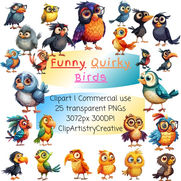 Funny Quirky Birds Animals clipart PNG transparent background instant digital download, funny bird clip art image, animal clipart invitation