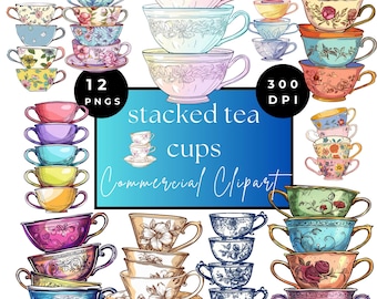 Stacked Tea Cups clipart PNG transparent background digital download | Vintage Scrapbooking | Tea Party Rose Teacup Art | Tea Time PNG