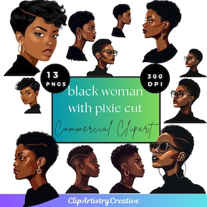 Puede incluir: Un conjunto de ilustraciones digitales de 13 mujeres negras con cortes de pelo pixie en varias poses y expresiones. Las ilustraciones son de estilo de dibujos animados y están sobre un fondo verde y azul. El texto "black woman with pixie cut Commercial Clipart" se muestra en el centro de la imagen.