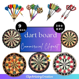 May include: An assortment of dartboards and darts in different designs and colours. The image features several dartboards with varied patterns and colour schemes, alongside sets of darts. Text on the image reads "dart board Commercial Clipart".