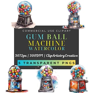 Gum Ball Machine Watercolor clipart bundle PNG transparent background digital download, Candy clip art, red gum ball machine clip art