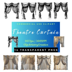 Theater Curtain clipart clip art bundle PNG transparent background instant digital download, theatre clip art images, curtain pngs