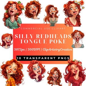 Bundle de cliparts stupides rousses langue sortant de la bouche PNG fond transparent téléchargement numérique, Silly Girls Silly Lady Crazy Girls Quirky Girls