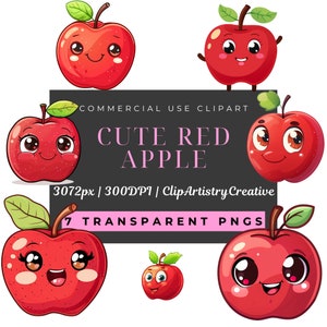 Cute Red Apple clipart bundle PNG transparent background digital download, cute cartoon fruit food clipart, healthy habit food planner PNG