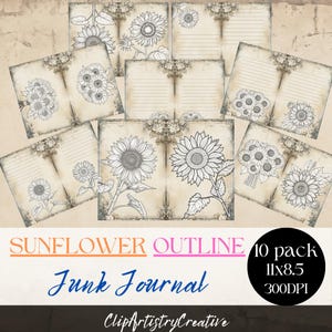 Sunflower Line Art Outline Junk Journal Digital Printable Paper, Floral Flowers Digital Journal Pages, Paper Craft, 11 x 8.5