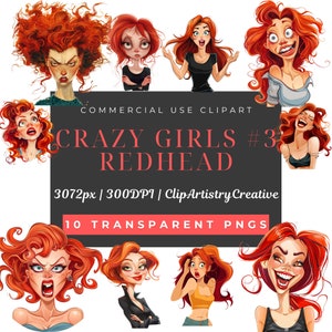 Crazy Girls Quirky Girls clipart bundle PNG fond transparent téléchargement numérique, clipart dame rousse folle, clipart filles funky