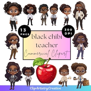 Black Chibi Teacher clipart bundle PNG transparent background digital download | black teacher clipart | chibi clipart | black woman clipart