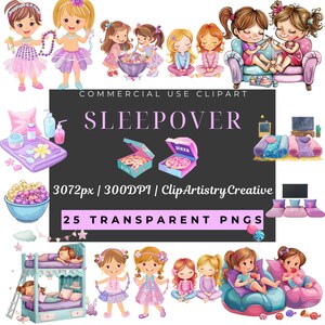 Sleepover clipart bundle PNG transparent background instant digital download, girly sleep over clip art, dress up clipart images