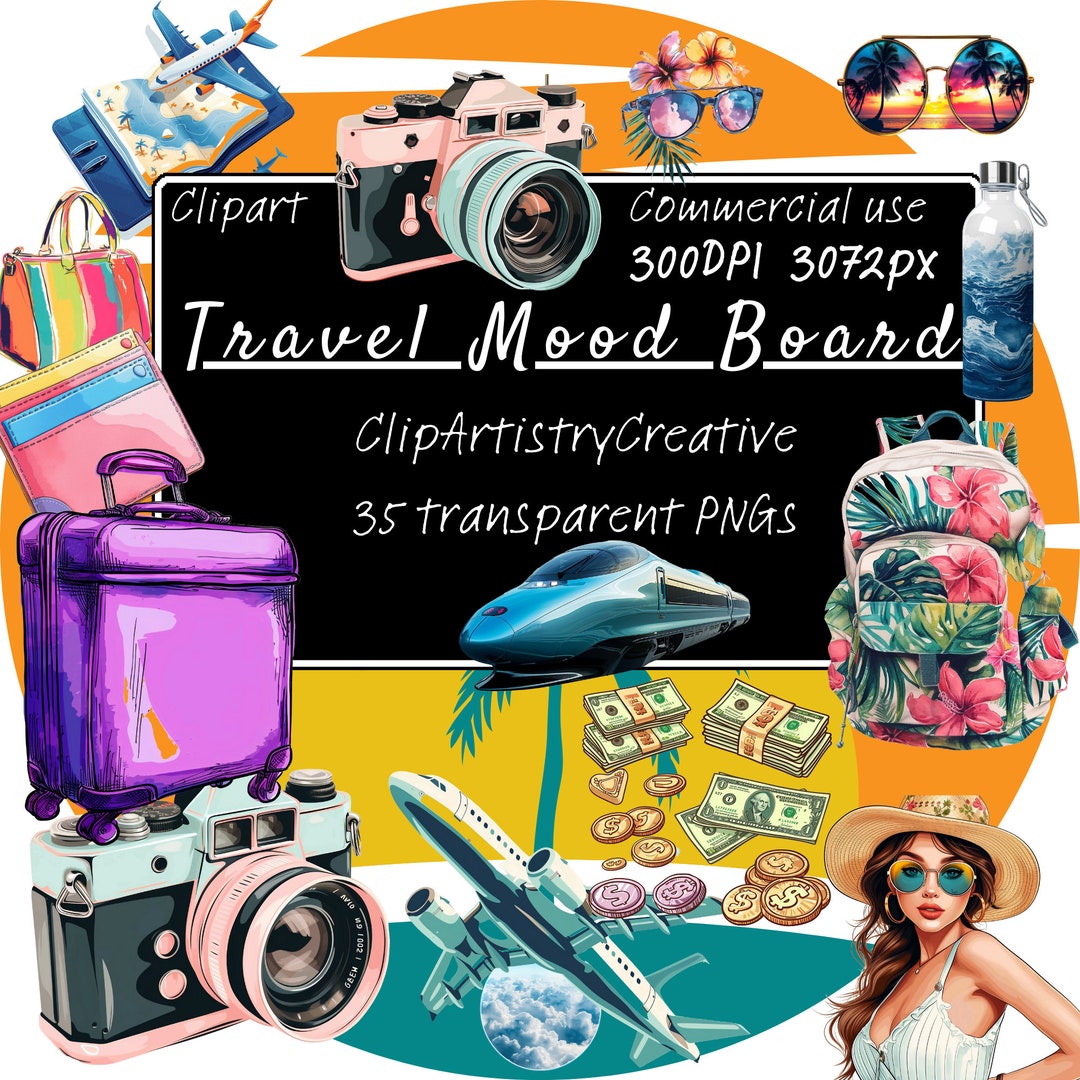 Travel Mood Board Clipart Bundle PNG Transparent Background Digital
