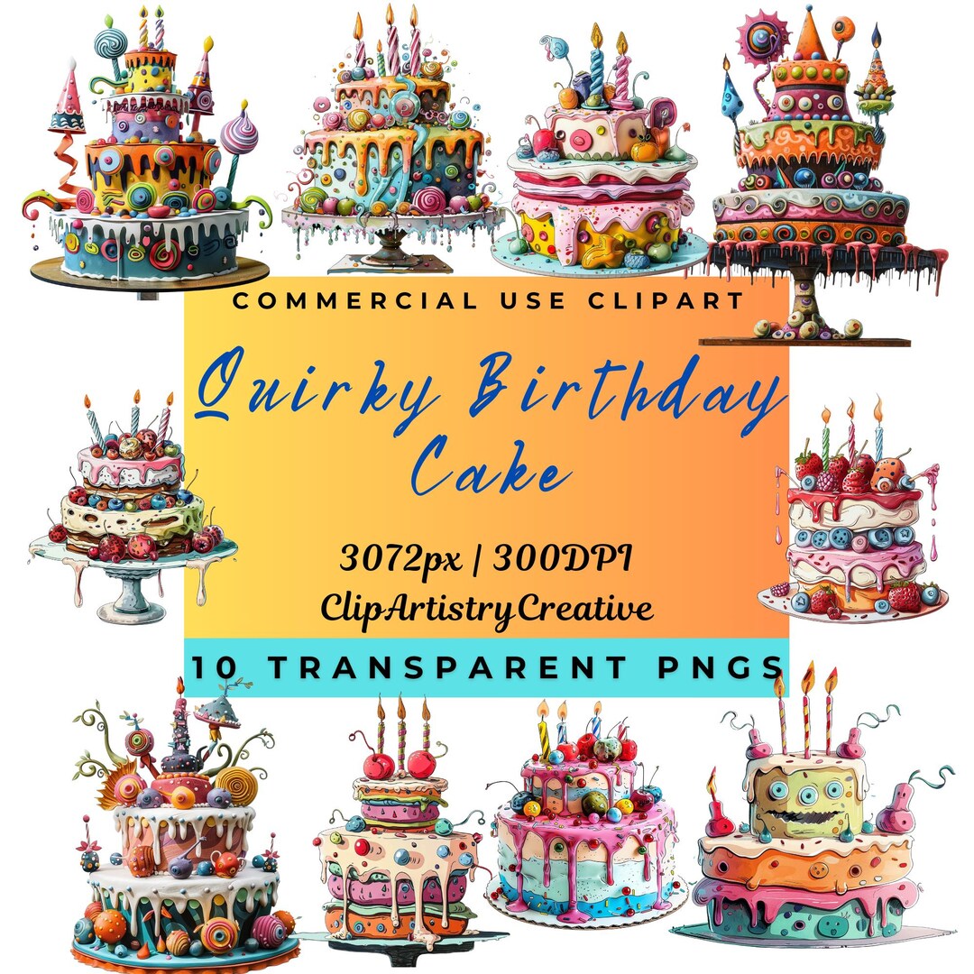 Quirky Birthday Cake Clipart Bundle PNG Transparent Background Digital ...