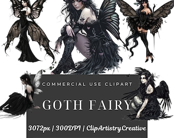 Goth Fairy clipart bundle PNG transparent background digital download, Goth Fairy clip art images, Gothic Beauty clipart, Halloween Fairy