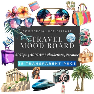 Bundle de clipart voyage Mood Board PNG fond transparent téléchargement numérique, clipart voyage fille, clipart scrapbooking, clipart valise