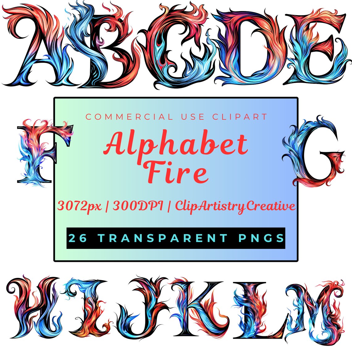 Fire Alphabet Clipart Bundle PNG Transparent Background Digital ...