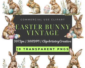 Vintage Easter Bunny clipart bundle PNG transparent background digital download, Easter clip art, bunny clip art, Cute bunny Easter Egg PNG