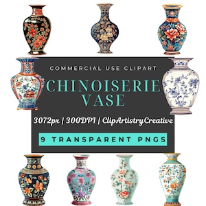 Chinoiserie Vase Clipart Bundle PNG-Bilder transparenter Hintergrund digitaler Download, Chinesische Vase Clipart Bilder, gemusterte Vase Clipart