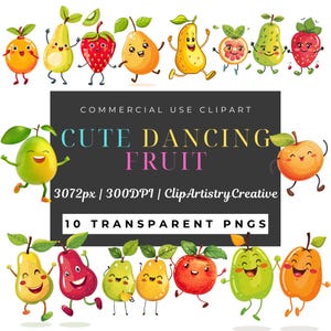 Niedliches tanzendes Obst Clipart Bundle, PNG transparenter Hintergrund, digitaler Download, niedliche Cartoon Obst Lebensmittel Clipart, gesunder Planer Tracker