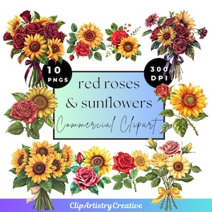 Red Roses and Sunflowers PNG floral clipart transparent background digital download |Wedding bouquet bridal floral | rose sunflower clip art