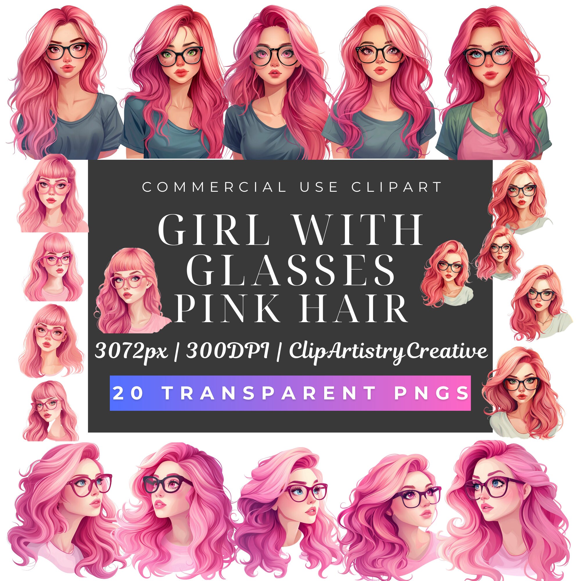Girl With Glasses Pink Hair Clipart Bundle PNG Transparent Background ...