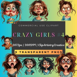 Bundle de cliparts Crazy Girls Quirky Girls Images PNG fond transparent Téléchargement numérique instantané, clipart Crazy Lady