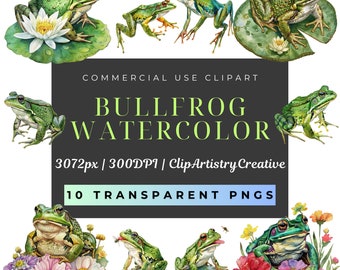 Bullfrog watercolor clipart PNG transparent background digital download, water animal clipart, frog clip art, frog with flowers clipart