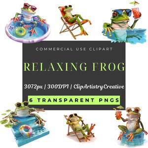 May include: Six digital illustrations of green frogs relaxing in various summer settings. The frogs are wearing sunglasses and enjoying activities like swimming, lounging in a chair, and sipping a drink.