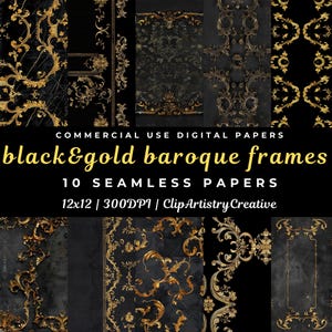 Papel digital sin costuras con marcos barrocos negros y dorados, páginas de cuaderno grunge para diario, álbumes de recortes, descarga instantánea e imprimible