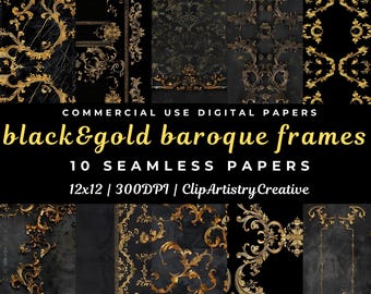 Schwarz und Gold Barock Rahmen Digitales Nahtloses Papier, Notebook Grunge Junk Journal Seiten druckbar Scrapbooking sofortiger Download