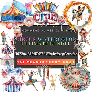 Circus theme watercolor Ultimate Bundle clipart PNG transparent background digital download, Circus images, Clown clipart, Fireworks clipart