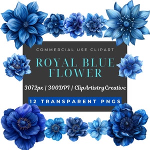 Royal Blue Flower bloemen clipart bundel PNG transparante achtergrond digitale download, mooie bloem clipart, Quinceanera bloem koningsblauw