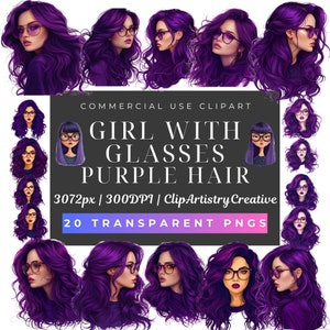 以下が含まれることがあります： 紫色の髪と眼鏡をかけた女の子のデジタルイラスト20点セット。イラストは様々なポーズと表情で描かれています。画像のテキストは「COMMERCIAL USE CLIPART GIRL WITH GLASSES PURPLE HAIR 3072px | 300DPI | ClipArtistryCreative 20 TRANSPARENT PNGS」です。