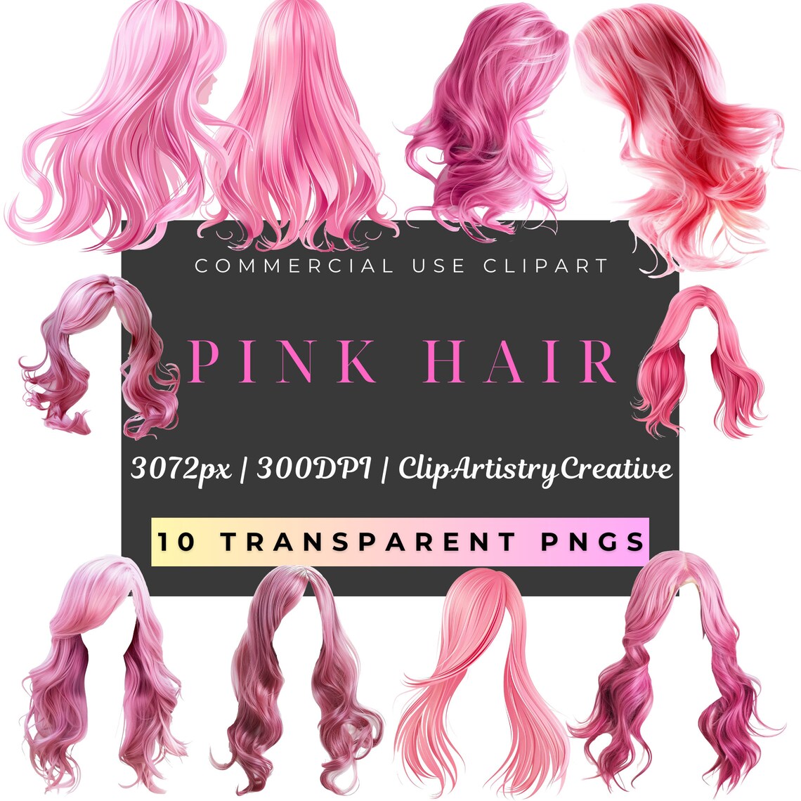 Pink Hair Wig Clipart Bundle PNG Transparent Background Instant Digital ...
