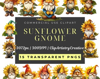 Op de afbeelding: Een set van 15 digitale clipart-afbeeldingen met gnomen die zonnebloemhoeden dragen. De gnomen staan in verschillende poses en hebben verschillende gekleurde kleding. De tekst "COMMERCIAL USE CLIPART SUNFLOWER GNOME 3072px | 300DPI | ClipArtistryCreative 15 TRANSPARENT PNGS" wordt weergegeven op een zwarte rechthoek.
