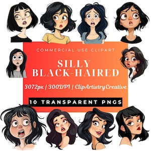 Silly femme aux cheveux noirs Silly Girls Silly Lady Crazy Girls Quirky Girls clipart Bundle PNG fond transparent téléchargement numérique