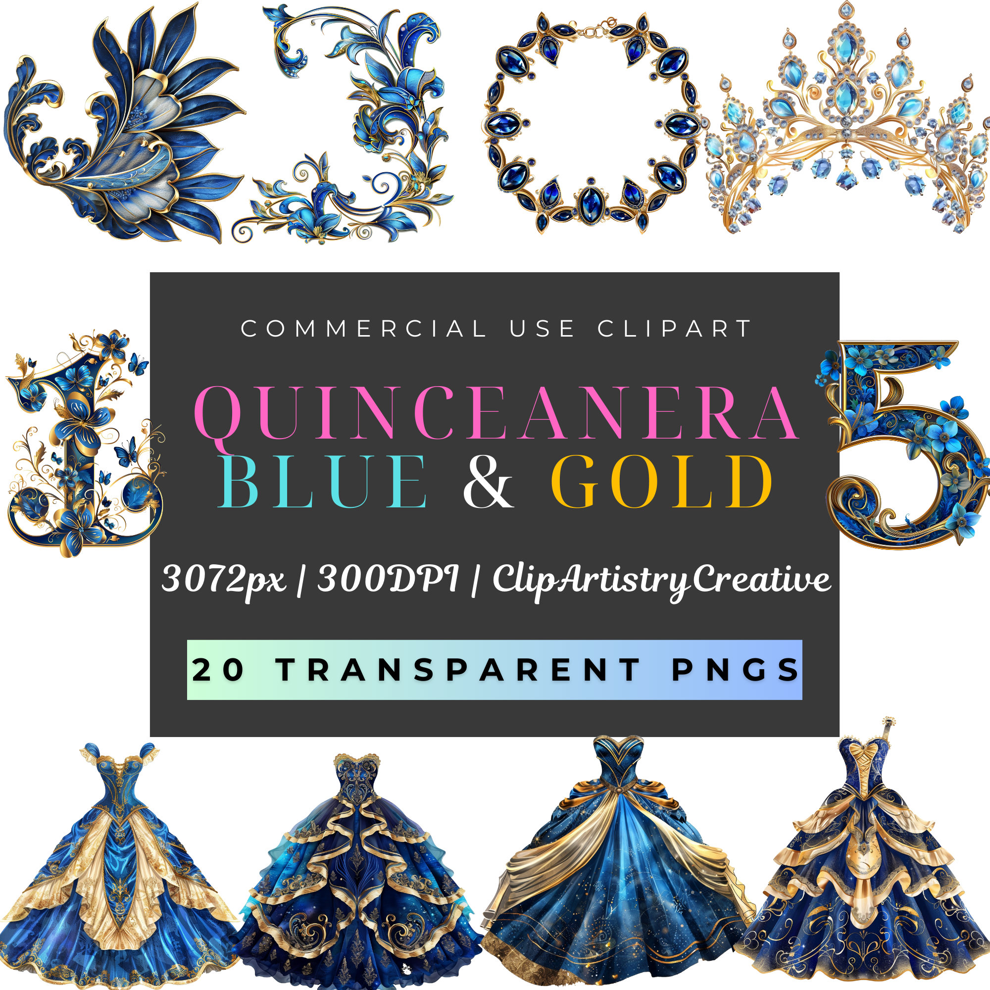Quinceanera Blue and Gold Clipart Bundle PNG Transparent Background