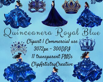 Quinceanera Royal Blue clipart bundle PNG transparent background digital download, party dress clipart, royal dress clipart, crown clipart