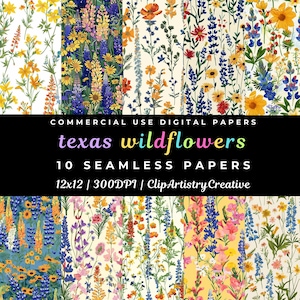 May include: Ten digital paper designs featuring seamless patterns of colorful Texas wildflowers, including bluebonnets, Indian paintbrush, and yellow wildflowers. The papers are 12x12 inches and 300 DPI.  Commercial use is allowed.